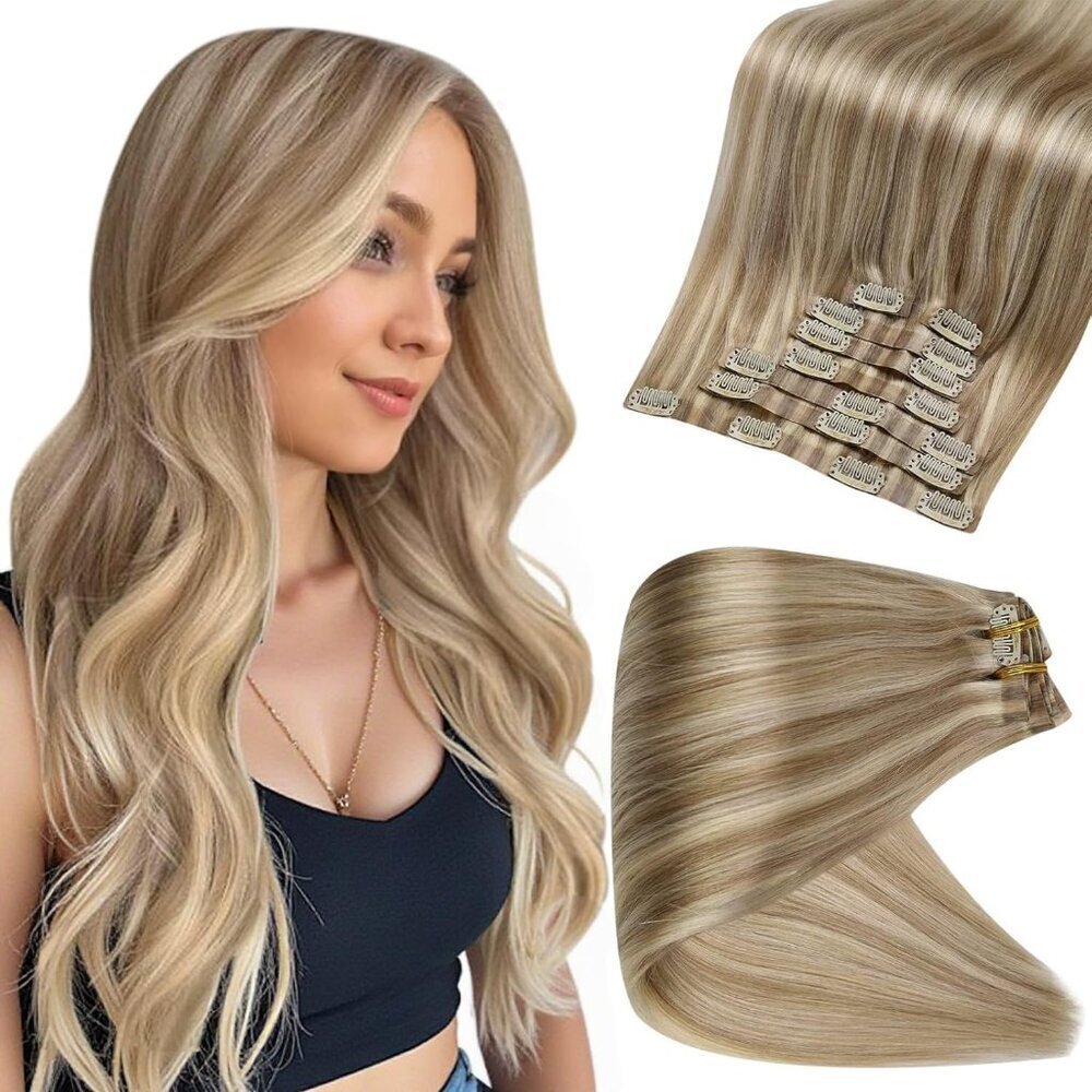 Human Hair Clip In Extensions Balayage 18 Inch Seamless Blonde Real Hair